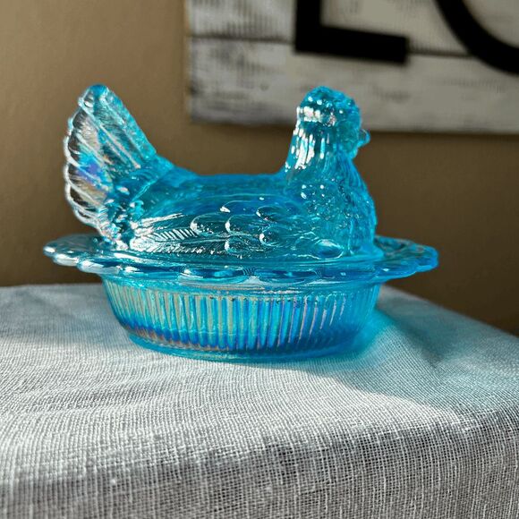 Vintage Mosser Glass Buffet Blue Carnival Hen on Nest Dish – USA Made - Picture 6 of 8